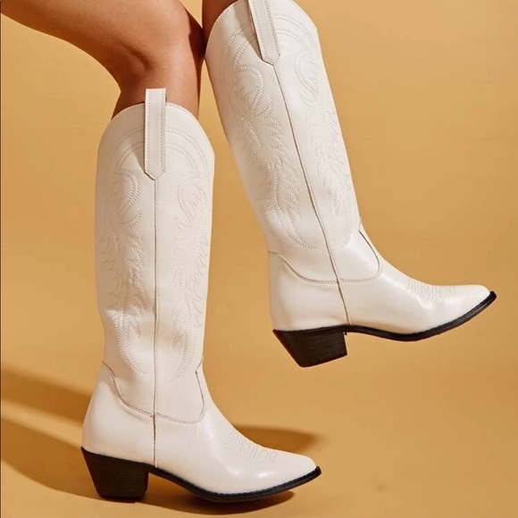 White Chunky Heel Cowboy Boot - Picture 2 of 8